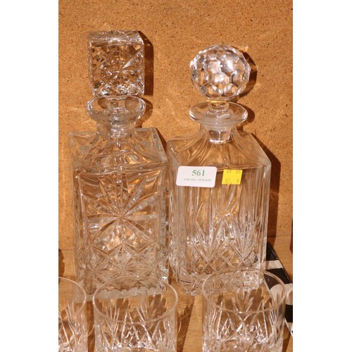 561 - 3 heavy glass decanters & 4 whiskey tumblers