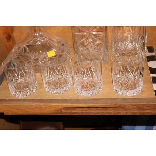 561 - 3 heavy glass decanters & 4 whiskey tumblers