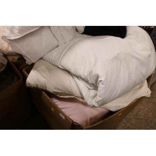 703 - 3 boxes of various linen, duvets, pillows