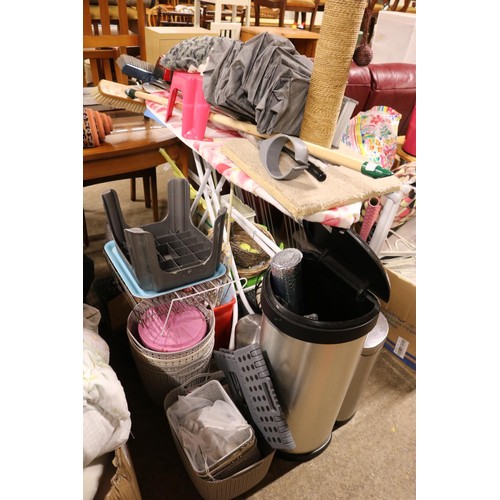 704 - Ironing board, clothes airer, various bins, brooms, cat accessories, iron, etc