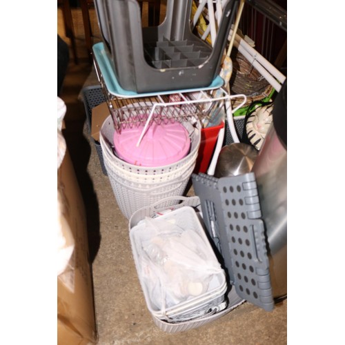 704 - Ironing board, clothes airer, various bins, brooms, cat accessories, iron, etc