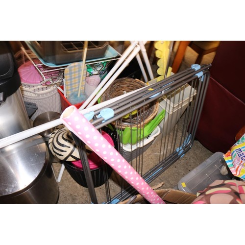 704 - Ironing board, clothes airer, various bins, brooms, cat accessories, iron, etc