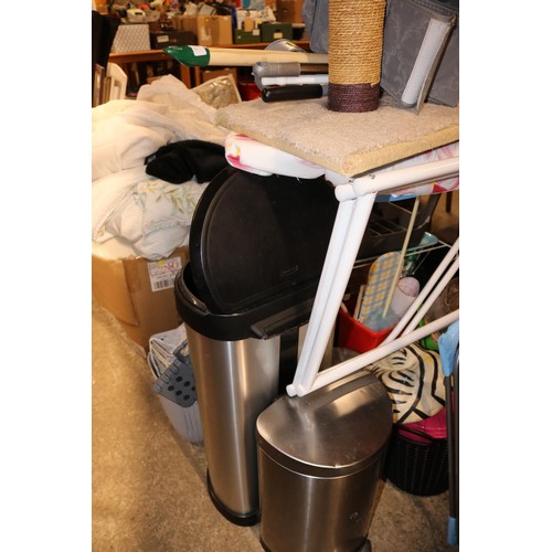 704 - Ironing board, clothes airer, various bins, brooms, cat accessories, iron, etc