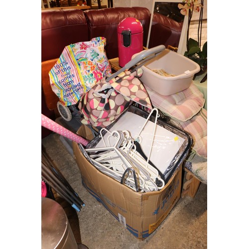 705 - Misc, incl tables, coat hangers, mirror, trolley, storage boxes, etc