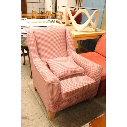 646 - Red check armchair on small wooden legs