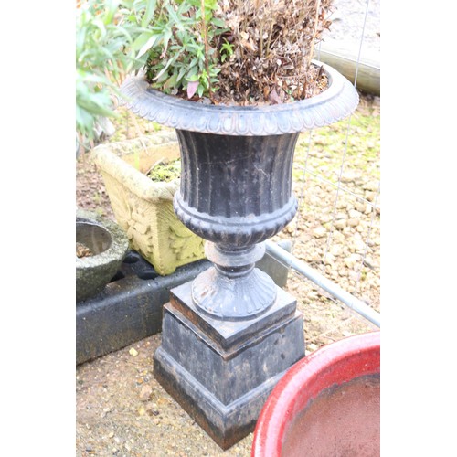 19 - Pair of cast iron urn planters with plants