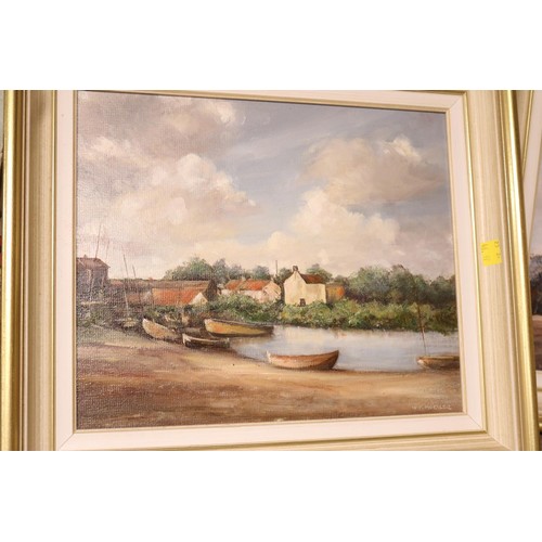 166 - 2 framed oil on board Brancaster Staithe & cloudy weather Cley, signed W F Mueller