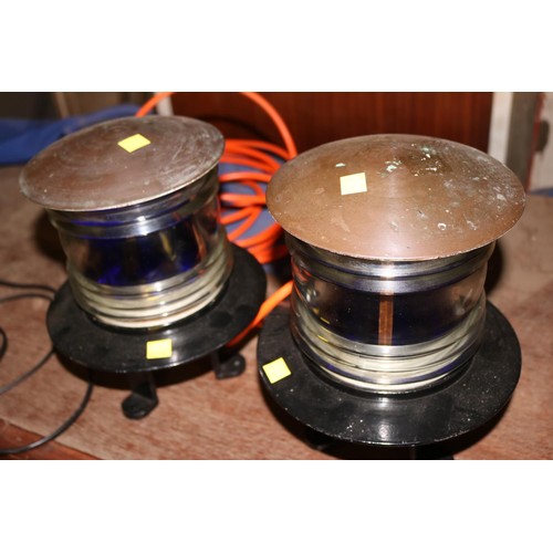 472 - Pair of heavy brass & metal nautical lamps (1 wired) - to be rewired by a qualified electrician