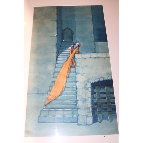 622 - Watercolour of lady on Castle steps-48 cm wide by 72 cm high total size