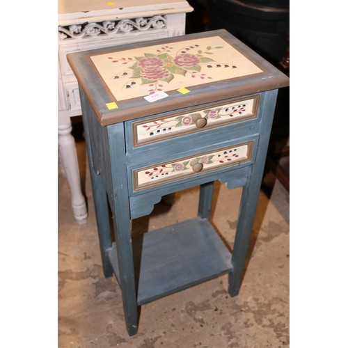 638 - Painted with flowers 2 drawer small oak table