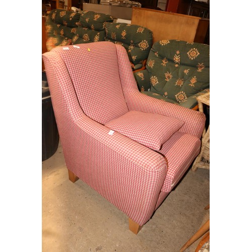 646 - Red check armchair on small wooden legs