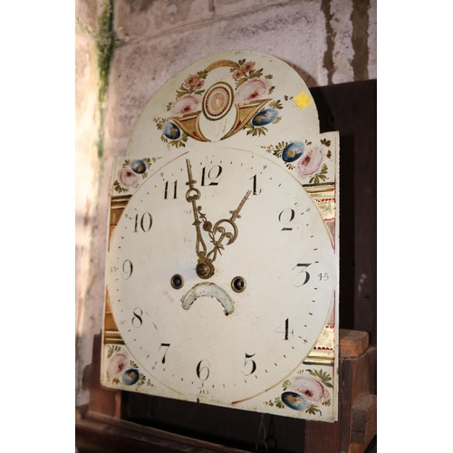 493 - Antique oak long cased clock, painted dial with key (a/f)