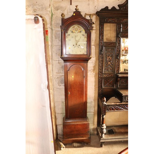 493 - Antique oak long cased clock, painted dial with key (a/f)