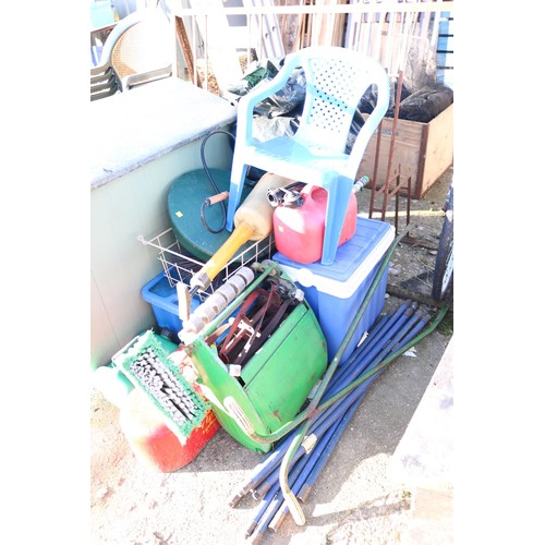 52 - Qty of misc, incl petrol cans, cool box, sprayer, push lawnmower, etc