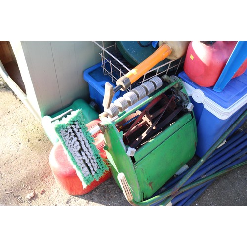 52 - Qty of misc, incl petrol cans, cool box, sprayer, push lawnmower, etc