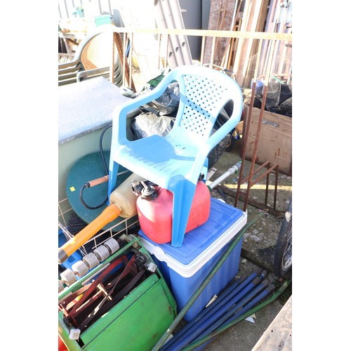 52 - Qty of misc, incl petrol cans, cool box, sprayer, push lawnmower, etc