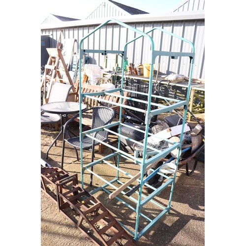 64 - Wheelbarrow, including tools and greenhouse frame etc