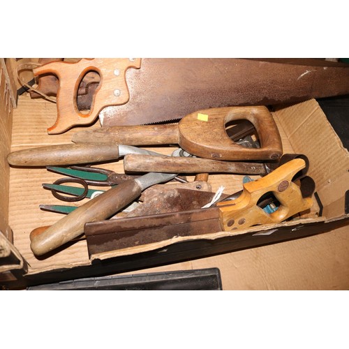 144 - Box of assorted tools, incl hand saws, shears & garden dipper