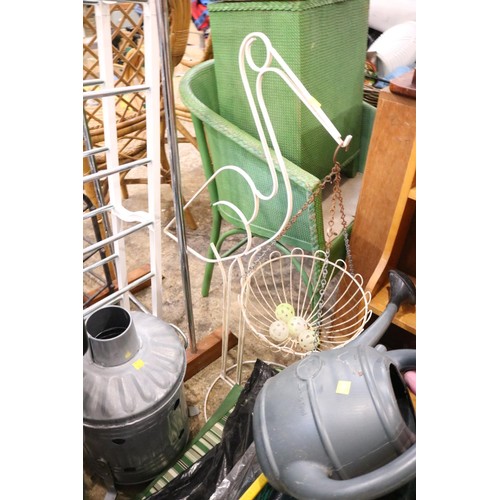 174 - Garden misc, hanging basket stand with basket, incinerator, tarpaulin, water cans, etc