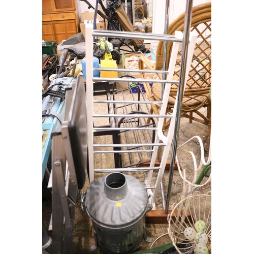 174 - Garden misc, hanging basket stand with basket, incinerator, tarpaulin, water cans, etc