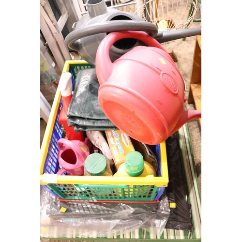 174 - Garden misc, hanging basket stand with basket, incinerator, tarpaulin, water cans, etc