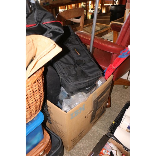 261 - Misc, incl suitcases, wicker picnic basket & 1 other, qty of men's shoes, bags, etc