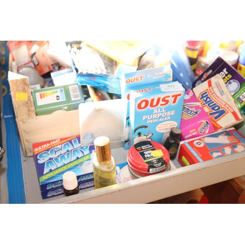 302 - Qty of cleaning products, pegs & various light bulbs, etc