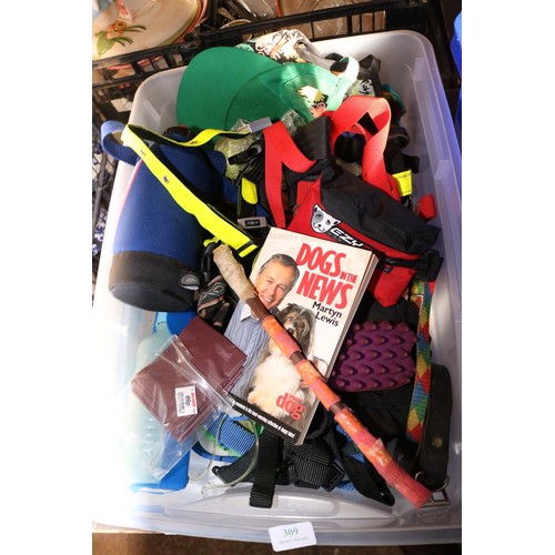 309 - Box of various dog leads, collars, grooming brushes, etc