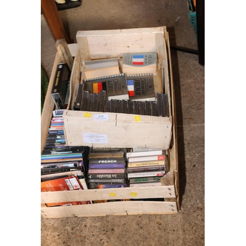 325 - Box of LP's, tapes, dvd's, cd's, box of learning tapes & 2 dictionaries