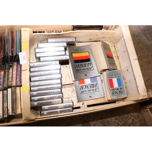 325 - Box of LP's, tapes, dvd's, cd's, box of learning tapes & 2 dictionaries