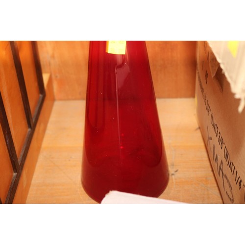 369 - Large red glass bottle with stopper - approx 24