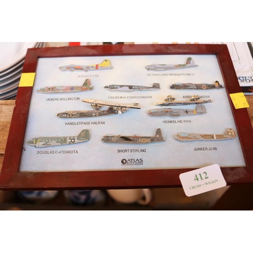 412 - Aircraft pin badges by Atlas Editions; framed set & 2 extras