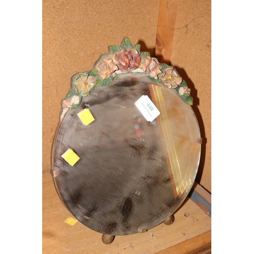 448 - Heavy bevelled dressing table mirror, floral top (marks & chips to flowers)