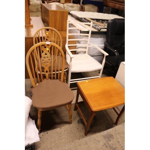 588 - Pair of wheel back chairs, table & white armchair