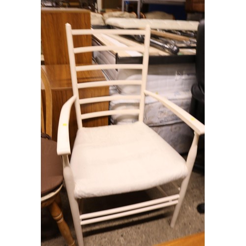 588 - Pair of wheel back chairs, table & white armchair