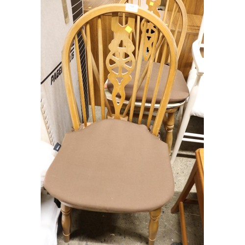 588 - Pair of wheel back chairs, table & white armchair