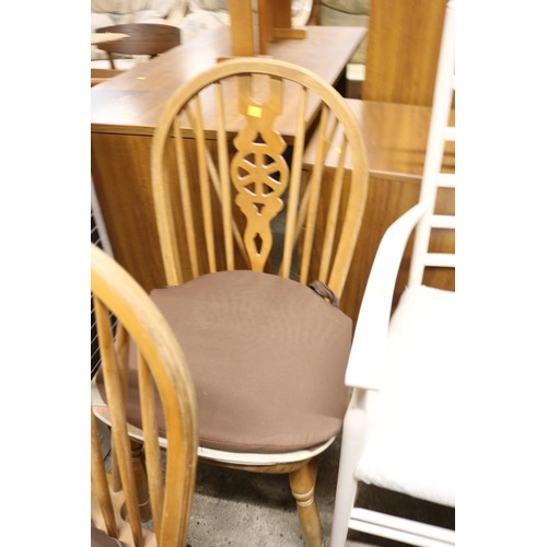 588 - Pair of wheel back chairs, table & white armchair