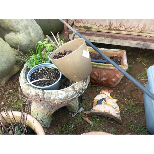 34 - Terracotta trough, concrete planter & other pots & wind chimes