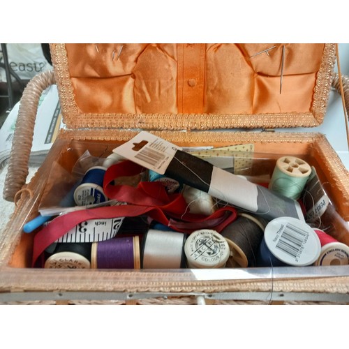 318 - Sewing box & contents & 2 dressing table tiles (?)