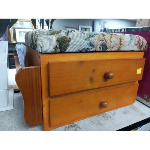 318 - Sewing box & contents & 2 dressing table tiles (?)