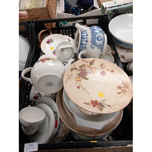 331 - 3 boxes of crockery, incl tureens, cake stand, cups, saucers, etc