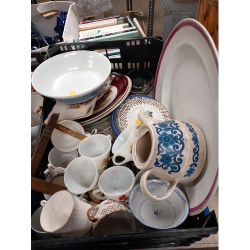 331 - 3 boxes of crockery, incl tureens, cake stand, cups, saucers, etc