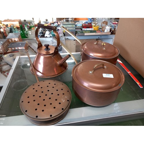 520 - Copper kettle, 2 saucepans, chestnut roaster