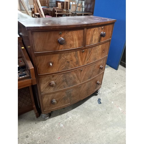 609 - Antique mahogany bow front 2 over 3 chest of drawers, a/f