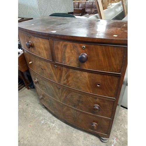 609 - Antique mahogany bow front 2 over 3 chest of drawers, a/f