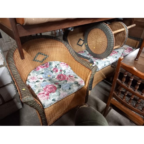 654 - Wicker sofa, chair & cushions & small table