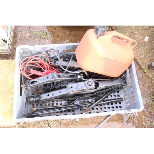 42 - 3 scissor jacks, jump leads, petrol can, etc