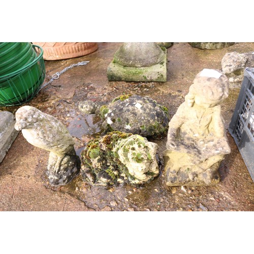 47 - 4 small concrete garden ornaments - tortoise, bird, dog & girl reading