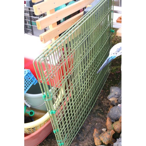 59 - Garden misc, incl 4 plastic chairs, watering cans, pet guard, dog bed, brooms, etc