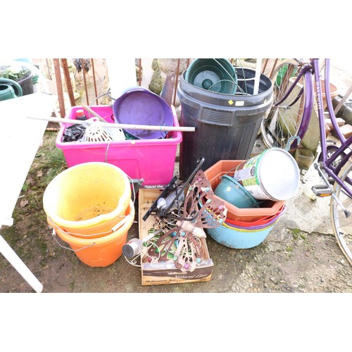 75 - Qty of misc, incl metal pot stand, plastic buckets, pots, watering can, etc